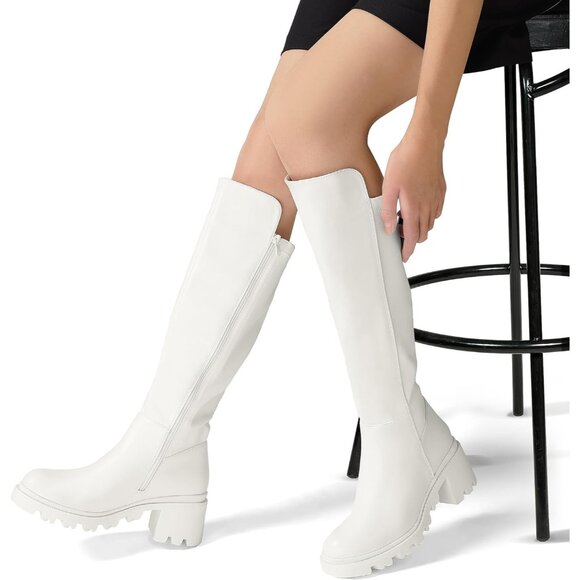 Women's White Knee High Comfortable Platform Heel Round Toe Stretch Boots - Picture 6 of 7